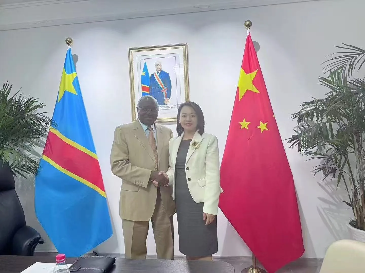 GFWE representative shaking hands with the DRC Ambassador to China at the embassy in Beijing